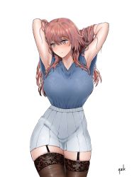1girl alterzk armpits arms_behind_head arms_up blue_shirt blush bra bra_visible_through_clothes breasts cowboy_shot expressionless garter_straps grey_skirt highres inui_shinju lace lace-trimmed_bra lace-trimmed_legwear lace_trim large_breasts looking_away pink_hair pleated_skirt see-through_clothes shirt shirt_tucked_in simple_background skindentation skirt skirt_rolled_up solo sono_bisque_doll_wa_koi_wo_suru straight_hair thighhighs underwear white_background zettai_ryouiki rating:Sensitive score:148 user:danbooru