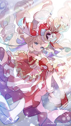  1girl absurdly_long_hair absurdres artist_name asymmetrical_footwear blunt_bangs bow bowtie circle_skirt diffraction_spikes drill_hair elzemekia frilled_skirt frills full_body gloves gradient_background hair_bow hand_on_own_knee head_tilt highres huryuuzaki knees_up large_bow light_particles light_rays light_smile long_hair long_skirt looking_at_viewer mismatched_footwear outstretched_arms own_hands_together parted_lips platform_footwear pointy_ears quad_tails quin_drills quin_tails red_bow red_footwear red_gloves red_shirt red_skirt shirt sidelocks single_glove skirt solo sparkle strapless strapless_shirt sunbeam sunlight very_long_hair white_footwear youkai_watch youkai_watch_jam:_youkai_gakuen_y 