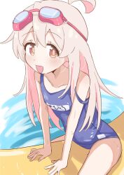  1girl :d ahoge banana_boat bare_arms bare_legs bare_shoulders black_one-piece_swimsuit blush breasts brown_eyes collarbone commentary goggles goggles_on_head highres long_hair name_tag old_school_swimsuit one-piece_swimsuit onii-chan_wa_oshimai! open_mouth oyama_mahiro pink_hair riannn_desu school_swimsuit small_breasts smile solo straddling strap_slip swim_goggles swimsuit water water_drop wet wet_hair 
