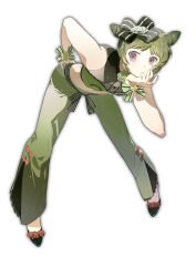  1girl absurdres bare_arms bare_shoulders black_bow black_shoes bow bow_legwear breasts brooch closed_mouth collared_shirt commentary_request cone_hair_bun crop_top dot_nose double_bun eyelashes flower flower_brooch full_body green_bow green_flower green_hair green_pants green_rose green_shirt grey_bow grey_outline grey_shirt hair_bow hair_bun hair_flower hair_ornament hand_on_own_chin hand_on_own_hip highres idol jewelry leaning_forward light_blush light_frown looking_at_viewer midriff morgue_(southsakura) morizono_wakana navel outline pants pink_eyes pretty_rhythm pretty_rhythm_rainbow_live pretty_series red_bow red_flower red_rose rose shirt shoes short_hair simple_background sleeveless sleeveless_shirt solo standing striped_bow tareme thinking two-tone_bow two-tone_shirt waist_bow white_background white_flower white_rose wrist_bow wrist_flower yellow_flower yellow_rose 