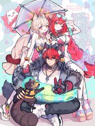  1boy 2girls absurdres alice_thymefield alice_thymefield_(sea_of_thyme) animal_ears artist_name black_hair blonde_hair braid closed_mouth commentary_request dog_ears dog_tail english_text hair_ribbon highres holding holding_umbrella indian_style kamanosuke_(zenless_zone_zero) komano_manato looking_at_another looking_at_viewer multicolored_hair multiple_girls one_eye_closed open_mouth poponnu rabbit_ears raccoon raccoon_ears raccoon_tail red_hair ribbon sitting smile streaked_hair swim_ring tail translation_request twin_braids twintails twitter_username ukinami_yuzuha ukinami_yuzuha_(tanuki_in_broad_daylight) umbrella under_umbrella zenless_zone_zero 