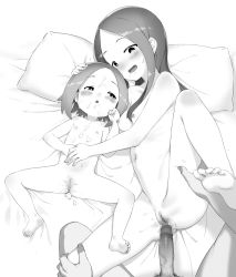1boy 2girls aftersex age_difference babu barefoot breasts censored closed_mouth completely_nude cum cum_in_pussy cum_on_body cum_on_upper_body facial father_and_daughter feet ffm_threesome flat_chest greyscale group_sex happy_sex hetero imminent_penetration imminent_vaginal incest karakai_jouzu_no_(moto)_takagi-san karakai_jouzu_no_takagi-san loli lying medium_breasts missionary monochrome mother_and_daughter multiple_girls nipples nishikata nishikata_chii nude on_back oyakodon_(sex) parent_and_child penis pov pov_hands pussy short_hair smile soles spread_legs takagi-san threesome toes rating:Explicit score:1502 user:danbooru