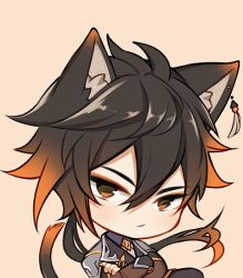  1boy animal_ear_piercing animal_ears black_hair brown_eyes cat_ears cat_tail character_request chibi chibi_only crossed_arms double-parted_bangs earrings elfboiii genshin_impact gradient_fur gradient_hair hair_between_eyes jewelry kemonomimi_mode knee_up looking_at_viewer male_focus multicolored_hair ponytail short_hair smirk solo tail tassel tassel_earrings 