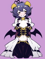  1girl ahoge akableak black_pants blue_hair breastless_clothes cameltoe closed_mouth commentary corset cross-shaped_pupils english_commentary fangs fangs_out hair_intakes highres hiiragi_utena lowleg lowleg_pants magia_baiser mahou_shoujo_ni_akogarete navel pants pasties purple_background short_hair simple_background solo star_(symbol) star_pasties symbol-shaped_pupils wings yellow_eyes 