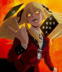  1girl ace_(playing_card) blonde_hair blush buttons card evil_grin evil_smile eyebrows fingernails glowing glowing_eyes grin hair_between_eyes hair_ornament hair_ribbon hand_up highres hyakkaou_academy_school_uniform japanese_text jewelry kakegurui long_hair looking_at_viewer nail_polish name_tag necklace open_mouth playing_card red_shirt ribbon saotome_mary school_uniform shirt sidelocks smile solo teeth tongue two-tone_background two_side_up wrist_cuffs yellow_eyes  rating:General score:10 user:TokenChan2