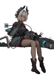  1boy 1girl ankle_boots arknights black_jacket blonde_hair boots dark-skinned_female dark_skin doctor_(arknights) electric_plug electric_plug_tail electrical_outlet extra_arms finger_to_mouth flower hair_flower hair_ornament hands_on_another&#039;s_head highres horns jacket lap_pillow mask orga_(orgacl) raidian_(arknights) short_hair shushing sitting tail v very_short_hair white_background  rating:General score:5 user:danbooru