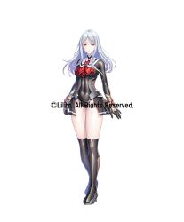  aged_up black_gloves black_skirt black_thighhighs black_unitard breasts gauntlets gloves long_hair looking_at_viewer medium_breasts official_art onigumo_saburo pale_skin red_eyes skirt taimanin_(series) taimanin_rpgx taimanin_suit thighhighs unitard white_background white_hair 