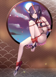  1girl absurdres bdsm blush bondage bound cup fangs fate/grand_order fate_(series) feet highres horns kumo_no_ito looking_at_viewer pointy_ears pouring purple_eyes purple_hair restrained sakazuki shibari shuten_douji_(fate) toe_dipping toes tongue tongue_out  rating:Questionable score:30 user:danbooru