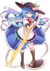  1girl blue_hair blue_skirt boots bow bowtie brown_boots full_body hair_between_eyes hat hinanawi_tenshi holding holding_sword holding_weapon kaname-ishi long_hair mikan_(manmarumikan) open_mouth peach_hat_ornament red_bow red_bowtie red_eyes shirt short_sleeves skirt solo sword sword_of_hisou touhou weapon white_background white_shirt 