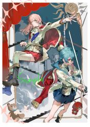  2girls ascot belt blue_hair boots braid cape crown epaulettes green_eyes hair_between_eyes hair_ornament highres holding holding_sword holding_weapon jacket jacket_on_shoulders long_hair long_sleeves looking_at_viewer low_ponytail miniskirt multiple_girls pink_hair pleated_skirt ponytail qyzhiaiyisheng rapier red_cape red_eyes shoujo_kageki_revue_starlight skirt stuffed_animal stuffed_toy sword teddy_bear thighhighs weapon 