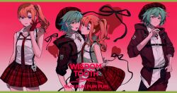  1boy 1girl :d alternate_costume aqua_eyes aqua_hair arms_around_waist bare_shoulders belt beret black_belt black_ribbon blush braid breasts buckle chest_harness chidouin_sara closed_mouth collared_shirt f(x) gloves gradient_background hair_between_eyes hand_on_another&#039;s_arm hand_on_own_hip harness hat heart-shaped_lock highres hiyori_sou hug jacket jewelry key key_necklace kimi_ga_shine letterboxed lock long_hair looking_at_viewer loose_necktie necklace necktie open_clothes open_collar open_jacket open_mouth orange_hair padlock pants parody parted_bangs pink_background plaid_clothes plaid_skirt pleated_skirt purple_eyes red_gloves red_hat red_jacket red_necktie red_pants red_ribbon red_skirt ribbon shirt shirt_partially_tucked_in short_hair side_part side_ponytail single_sidelock skirt sleeveless sleeves_rolled_up small_breasts smile song_name suspenders three-quarter_sleeves tooth waist_hug white_background white_shirt wing_collar yellowmao0509 