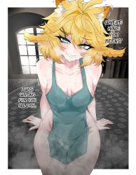  1girl absurdres animal_ear_fluff animal_ears apron arm_support bare_shoulders blonde_hair blue_apron blue_eyes blush border breasts breasts_apart cat_ears cat_girl collarbone commentary commission dokibird_(vtuber) dokibird_(vtuber)_(bounty_hunter) double-parted_bangs english_text fang feather_hair grin hair_between_eyes hair_ornament heavy_breathing highres indie_virtual_youtuber indoors kemonomimi_mode looking_at_viewer mayoa medium_breasts medium_hair naked_apron outside_border sitting smile solo steam sweat talking trembling very_sweaty virtual_youtuber white_border window 