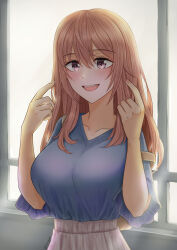 1girl absurdres backpack bag bloom blue_shirt blush breasts collarbone fingernails hair_between_eyes hands_up high-waist_skirt highres hivern index_fingers_raised indoors inui_shinju large_breasts long_hair looking_ahead open_mouth pink_eyes pink_hair shirt shirt_tucked_in short_sleeves skirt smile solo sono_bisque_doll_wa_koi_wo_suru teeth tented_shirt twitter_username upper_body v-neck window yellow_bag rating:Sensitive score:16 user:danbooru