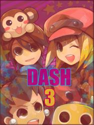  2girls armor black_hair brown_hair capcom data_(mega_man) earrings gloves green_eyes hairband hat jewelry mega_man_(series) mega_man_legends_(series) mega_man_volnutt monkey multiple_girls obiko one_eye_closed open_mouth roll_caskett_(mega_man) servbot_(mega_man) short_hair tron_bonne_(mega_man) v wink 