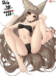 1girl absurdres animal_ear_fluff animal_ears arm_up armpits barefoot black_bra black_panties blunt_ends blush bra breasts brown_eyes brown_hair cameltoe chest_jewel closed_mouth collarbone commentary english_commentary english_text eyelashes feet foot_up from_above full_body hand_up highres knees_up legs like_and_retweet long_hair looking_at_viewer lying navel nia_(blade)_(xenoblade) nia_(xenoblade) on_back panties sidelocks simple_background small_breasts smile soles solo stomach toenails toes twitter_strip_game underwear underwear_only very_long_hair white_background x_xith_x xenoblade_chronicles_(series) xenoblade_chronicles_2 rating:Questionable score:58 user:danbooru