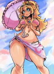  1girl alternate_hairstyle bare_arms bare_shoulders bikini blonde_hair blue_eyes breasts cleavage cloud collarbone contrapposto crown earrings eyewear_on_head female_focus from_below genkillua gluteal_fold head_tilt heart highres hip_focus holding holding_umbrella jewelry legs_apart lips long_hair looking_at_viewer looking_down mario_(series) medium_breasts navel nintendo outdoors parasol parted_lips pink_bikini pink_umbrella princess_peach print_sarong sarong sketch sky smile solo stomach sunglasses super_mario_odyssey swimsuit thighs umbrella underboob white_sarong  rating:Sensitive score:24 user:pc88