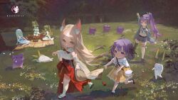  6+girls abroccoli absurdres aged_down animal_ears artist_logo artist_name braid braided_hair_rings brown_eyes brown_hair character_request crop_top denim denim_jacket denim_shorts detached_sleeves dress earendel_(jishenkong_jihua) fox_ears grass green_dress green_hair grey_eyes hair_rings hakama highres indie_virtual_youtuber jacket japanese_clothes jishenkong_jihua logo long_hair multiple_girls navel orange_skirt otsuka_ray outdoors picnic ponytail purple_eyes purple_hair red_hakama reika_(otsuka_ray) shirt shorts skirt virtual_youtuber white_dress white_hair white_shirt 