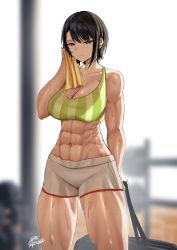 1girl abs absurdres artist_name bag black_hair blurry blurry_background bra breasts cleavage green_bra green_eyes highres holding holding_bag hololive looking_at_viewer muscular muscular_female navel oozora_subaru oozora_subaru_(1st_costume) ryo_(ryo_artys) short_hair shorts solo sports_bra standing sweat underwear virtual_youtuber white_shorts rating:Sensitive score:47 user:danbooru