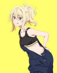  1girl black_sports_bra blonde_hair blue_overalls breasts collarbone denim_overalls gyaru hand_on_own_back highres jewelry leaning_forward looking_at_viewer love_live! love_live!_nijigasaki_high_school_idol_club medium_breasts midriff miyashita_ai necklace open_overalls orange_eyes overalls panties panty_peek ponytail sano_keiichi short_ponytail simple_background smile solo sports_bra sports_panties tongue tongue_out underwear yellow_background 