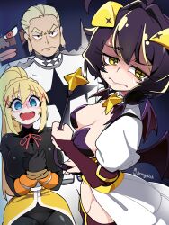  +_+ 2boys 2girls absurdres afro bat_wings black_background black_hair black_skin blonde_hair blue_eyes bodysuit bongfill bound bound_arms breasts character_request colored_skin darkness_(konosuba) demon_horns drooling earrings furrowed_brow hair_ornament highres horns jewelry kill_la_kill large_breasts long_hair magia_baiser magical_girl mahou_shoujo_ni_akogarete medium_hair multiple_boys multiple_girls orange_eyes panty_&amp;_stocking_with_garterbelt pasties ponytail purple_hair star_(symbol) star_pasties thick_eyebrows wavy_mouth whip wings yellow_eyes 