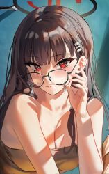  1girl adjusting_eyewear alternate_costume bare_arms bare_shoulders black-framed_eyewear black_hair black_halo blue_archive breasts bright_pupils cleavage closed_mouth collarbone commentary hair_between_eyes hair_ornament hair_over_shoulder hairclip halo highres large_breasts long_hair looking_at_viewer looking_over_eyewear multicolored_halo qianyuu_(senba) red_eyes rio_(blue_archive) solo sparkle strapless tube_top two-tone_halo upper_body very_long_hair white_pupils 