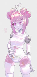 1girl double_bun hair_bun hand_on_own_stomach heart heart-shaped_pupils heart_hair_bun kicks0u pink_eyes pink_hair robot_girl sign standing symbol-shaped_pupils warning_sign