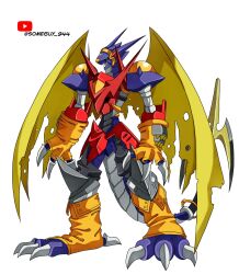 armor arresterdramon claws digimon digimon_(creature) dragon fusion gauntlets green_eyes highres looking_at_viewer oridigi shoutmon shoutmon_king_ver. solo someguy944 tail wings yellow_wings youtube_logo youtube_username