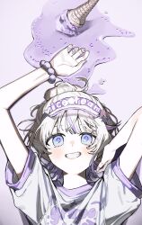  1girl arms_up artist_request bead_bracelet beads blue_eyes blush bracelet food grin hair_bun hair_ornament highres hololive hololive_dev_is holonatsu_paradise ice_cream ice_cream_cone jewelry looking_at_viewer lying melting multicolored_hair on_back purple_hair purple_theme shirt short_hair short_sleeves smile solo spill streaked_hair t-shirt teeth todoroki_hajime todoroki_hajime_(holonatsu_paradise) upper_body virtual_youtuber visor_cap white_hair white_shirt 