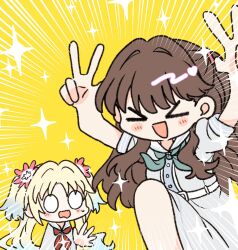  &gt;_&lt; 0_0 2girls :d aqua_neckerchief blonde_hair blue_dress blush brown_hair commentary_request dress emphasis_lines flower fujishima_megumi hair_flower hair_intakes hair_ornament hasu_no_sora_school_uniform highres leg_up link!_like!_love_live! long_hair looking_at_another love_live! multiple_girls neckerchief open_hand open_mouth osawa_rurino pink_flower puffy_short_sleeves puffy_sleeves red_neckerchief revision sailor_collar sailor_dress school_uniform short_sleeves simple_background smile sparkle stop_(gesture) summer_uniform twintails two_side_up virtual_youtuber watage_modoki white_sailor_collar worried xd yellow_background 