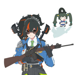  2girls :/ absurdres archives.gokulism bad_gun_anatomy black_gloves black_hair blue_jacket checkered_necktie gloves green_hair gun hairband high-waist_pants highres holding holding_gun holding_weapon holster hot_fuzz jacket metal_hairband movie_reference multicolored_hair multiple_girls necktie pants police police_badge police_uniform policewoman ponytail qingyi_(zenless_zone_zero) red_eyes red_hair rifle shirt shoulder_holster streaked_hair sunglasses twintails weapon weapon_request white_shirt zenless_zone_zero zhu_yuan 