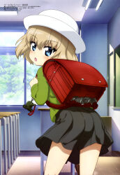  1girl :o absurdres aoyagi_akira bag black_skirt blonde_hair blue_eyes classroom copyright_name copyright_notice day desk fang from_behind girls_und_panzer green_shirt hair_between_eyes hat highres indoors katyusha_(girls_und_panzer) leaning_forward long_sleeves looking_at_viewer looking_back magazine_scan megami_magazine miniskirt official_art open_mouth pleated_skirt scan school school_bag school_desk shirt short_hair skirt solo tree white_hat window 