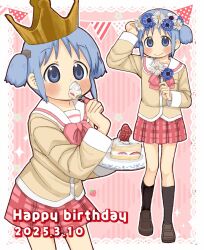  2025 birthday black_shoes blue_eyes blue_flower blue_hair blush bow brown_shoes cake crown cube_hair_ornament dated flower flower_wreath food fork fruit gingham_skirt hair_ornament happy_birthday highres holding holding_flower holding_fork holding_plate looking_at_viewer naganohara_mio naganoharamiomio nichijou paper_chain patterned_background pink_bow pink_skirt plate ponytail school_uniform shoes short_ponytail skirt smile strawberry strawberry_shortcake striped_background tokisadame_school_uniform white_sleeve_cuffs winter_uniform 