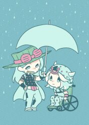  2boys beard belt belt_buckle blue_theme bridal_gauntlets buckle cape chibi chibi_only commentary_request cowboy_hat facial_hair goggles goggles_on_headwear gold_teeth gyro_zeppeli hat highres holding holding_umbrella horseshoe_hat_ornament horseshoe_ornament johnny_joestar jojo_no_kimyou_na_bouken long_hair m_a_a_m_8 male_focus medium_hair multiple_boys rain shared_umbrella short_sleeves sitting smile spurs star_(symbol) star_print steel_ball_run umbrella wheelchair 