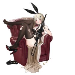  1girl animal_ears armband armchair artist_request ass bangle black_armband black_bow black_gloves black_leotard black_necktie black_shoes black_thighhighs blonde_hair blush bow bracelet breasts chair character_name check_artist commentary copyright_name cross cross-laced_clothes cross-laced_leotard detached_collar english_commentary english_text fake_animal_ears feet full_body girls&#039;_frontline gloves gun haijin hair_ornament half_gloves high_heels highleg highleg_leotard highres holding holding_gun holding_weapon jewelry knees_up leotard looking_at_viewer medium_breasts mp40 mp40_(champagne_of_spades)_(girls&#039;_frontline) mp40_(girls&#039;_frontline) necktie official_art parted_bangs parted_lips pink_background pink_eyes playboy_bunny promotional_art rabbit_ears shell_casing shoe_dangle shoes simple_background sitting sitting_sideways soles solo star_(symbol) submachine_gun tablecloth thighhighs third-party_source toes torn_clothes torn_thighhighs transparent_background weapon x_hair_ornament 