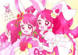  2girls adapted_costume animal_ears ascot bow bowtie brooch chinese_zodiac choker cowboy_shot cure_grace cure_whip detached_sleeves dress earrings extra_ears eyelashes floppy_ears flower flower_brooch flower_knot food-themed_clothes food_print frilled_skirt frilled_sleeves frills fruit_print furisode_sleeves gloves gradient_background hair_flower hair_ornament hanadera_nodoka hand_up hands_on_another&#039;s_shoulders happy healin&#039;_good_precure heart heart_hair_ornament heart_print high_ponytail highres in-franchise_crossover japanese_clothes jewelry kemonomimi_mode kimono kirakira_precure_a_la_mode lace-trimmed_sleeves lace_trim layered_sleeves leaf_earrings light_blush long_hair long_sleeves miniskirt momo02634 multiple_girls notice_lines open_mouth pink_bag pink_bow pink_bowtie pink_choker pink_eyes pink_flower pink_hair pink_kimono pink_ribbon pink_sleeves pom_pom_(clothes) pom_pom_earrings ponytail precure puffy_short_sleeves puffy_sleeves rabbit rabbit_ears rabbit_girl rabirin_(precure) red_flower red_rose ribbon rose short_dress short_sleeves simple_background skirt skirt_under_dress sleeve_ribbon smile sparkle sphere_earrings standing strawberry_brooch strawberry_print tareme tassel tassel_hair_ornament teeth tiara twintails two-tone_bag upper_body upper_teeth_only usami_ichika very_long_hair waist_bag waist_bow white_dress white_gloves wide_sleeves year_of_the_rabbit yellow_ascot yellow_background yellow_bag yellow_skirt yukata 