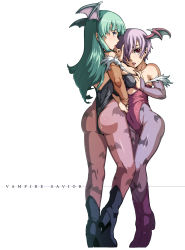 2girls age_difference animal_print ass back bare_shoulders bat_print boots breasts bridal_gauntlets capcom demon_girl grabbing_another&#039;s_breast green_hair groping head_wings height_difference highres large_breasts leotard lilith_(darkstalkers) loli long_hair looking_back morrigan_aensland multiple_girls onee-loli pantyhose pinky_out print_legwear purple_hair saliva short_hair sweat tabigarasu darkstalkers wings yuri rating:Questionable score:31 user:danbooru