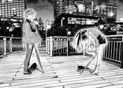  1boy 1girl bag bowing dock handbag highres kanojo_okarishimasu kinoshita_kazuya mizuhara_chizuru night official_art outdoors ponytail rejection skirt umbrella 