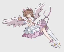  1girl absurdres asymmetrical_legwear brown_hair cardcaptor_sakura catzz choker dress green_eyes highres hoshi_no_tsue kinomoto_sakura kinomoto_sakura_(astral_sakura) magical_girl pink_choker puffy_short_sleeves puffy_sleeves shoes short_hair short_sleeves simple_background single_thighhigh solo thighhighs white_background white_dress white_shoes white_thighhighs wings 
