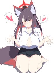  1girl absurdres alternate_costume animal_ears austsue bare_legs barefoot black_skirt blue_archive blush breasts brown_hair collarbone commentary_request eyeshadow fingernails fox_ears fox_girl fox_tail halo head_tilt heart highres large_breasts long_hair looking_at_viewer makeup miniskirt multicolored_hair nail_polish partial_commentary red_eyes red_eyeshadow seiza shirt sitting skirt smile solo spoken_heart straight_hair tail two-tone_hair very_long_hair wakamo_(blue_archive) white_shirt yellow_eyes 