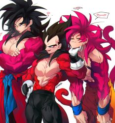  black_hair blue_sash closed_mouth dougi dragon_ball dragon_ball_daima dragon_ball_heroes gloves highres long_hair male_focus monkey_boy monkey_tail multiple_boys muscular muscular_male ommmyoh open_mouth pants red_fur saiyan sash smile son_goku son_goku_(xeno) spiked_hair super_saiyan super_saiyan_4 tail time_patrol_(dragon_ball) twitter_username vegeta vegeta_(xeno) wristband 