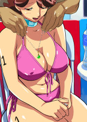 1boy 1girl bikini blush body_writing breasts brown_eyes brown_hair choker cirima cleavage collar hands_on_lap harukaze_haruka jewelry large_breasts looking_down necklace ojamajo_doremi pink_bikini ring short_hair sitting solo_focus swimsuit volvox wedding_ring rating:Sensitive score:96 user:Hentailover