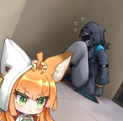  1girl 1other absurdres ahoge ambiguous_gender animal_ears arknights blush bound cat_ears cat_girl chibi closed_mouth commentary doctor_(arknights) english_commentary flying_sweatdrops green_eyes highres hood hood_up mixed-language_commentary orange_hair papyrus_(arknights) photo-referenced reference_inset restrained th3cr0ma tied_up_(nonsexual) v-shaped_eyebrows 