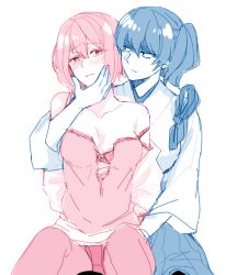  10s 2girls admiral_minami_kazusa bad_id bad_twitter_id blush bra breasts cleavage cupping female_admiral_(kancolle) kaga_(kancolle) kantai_collection medium_breasts multiple_girls nagomi_(mokatitk) panties pantyhose side_ponytail strap_slip thigh_grab underwear yuri 