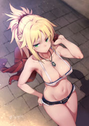  1girl alternate_breast_size armpits artist_name blonde_hair braid breasts cleavage closed_mouth cowboy_shot cutoffs denim denim_shorts dutch_angle fate/apocrypha fate/grand_order fate_(series) female_focus green_eyes hair_ornament half_up_braid hand_on_own_hip highres jacket jacket_over_shoulder jewelry medium_breasts micro_shorts midriff mordred_(fate) mordred_(fate/apocrypha) mordred_(memories_at_trifas)_(fate) navel necklace ponytail revealing_clothes scrunchie short_shorts shorts solo strapless try_(lsc) tube_top twitter_username unworn_jacket  rating:Sensitive score:191 user:danbooru