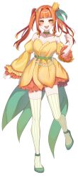  1girl :d akina_petals belt blonde_hair blush bond_en bondlive breasts choker colored_eyelashes detached_sleeves dress flower frilled_sleeves frills full_body green_belt green_choker green_shoes green_thighhighs hair_flower hair_intakes hair_ornament highres leg_up looking_at_viewer multicolored_hair official_art open_mouth orange_hair shoes simple_background smile solo streaked_hair striped_clothes striped_thighhighs teeth thighhighs tongue transparent_background twintails two-tone_hair upper_teeth_only virtual_youtuber yellow_dress yellow_eyes yellow_flower yellow_sleeves 