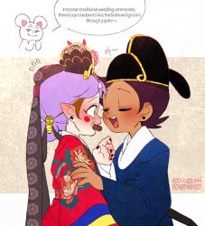  2girls amity_blight blush brown_hair closed_eyes commentary_request dark-skinned_female dark_skin ear_blush earrings english_text flying_sweatdrops food_in_mouth hwalot imminent_kiss jewelry jokduri korean_clothes korean_commentary looking_at_another luz_noceda multiple_girls nail_polish open_mouth purple_hair red_nails short_hair stud_earrings su_ggushi teeth the_owl_house twitter_username upper_teeth_only wedding yellow_eyes yuri 