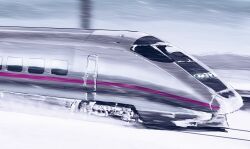  209all absurdres cloud cloudy_sky e3_tsubasa east_japan_railway_company high-speed_train highres japan_railways multiple_unit_train no_humans original railroad_tracks shinkansen sky snow snowing train train_interior utility_pole vehicle_focus wyper_(one_piece) 