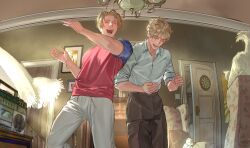 2boys absurdres ahoge america_(hetalia) animal animal_ears axis_powers_hetalia black_collar blonde_hair bottle brown_pants cat cat_ears chair chandelier chest_of_drawers clenched_hands closed_eyes collar collared_shirt commentary cowboy_shot cup curtains day door fingernails floral_print hands_up highres indoors instrument long_sleeves male_focus multiple_boys open_mouth pants pet piano picture_frame red_shirt shirt short_hair short_sleeves smile standing sunlight symbol-only_commentary t-shirt tape_recorder teeth united_kingdom_(hetalia) white_cat white_pants white_shirt zhongerweiyuan 