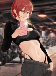 1girl cellphone clothes_pull han_soo-min_(hanny) hanny_(uirusu_chan) highres navel pants phone red_hair short_hair smartphone smile tagme