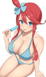  1girl :p artist_name bikini blue_bikini blue_eyes blush breasts cleavage commentary_request food food_on_body food_on_breasts hair_between_eyes highres holding holding_food holding_popsicle large_breasts long_hair looking_at_viewer melting melting_popsicle navel nintendo one_side_up pokemon pokemon_bw polka_dot polka_dot_bikini popsicle red_hair sidelocks simple_background sitting skyla_(pokemon) smile solo stomach surippa1010 swimsuit thighs tongue tongue_out white_background 